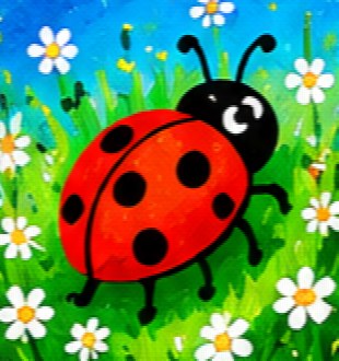 Children's acrylic painting: ladybird in the meadow