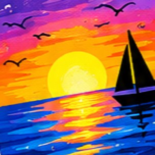 Children's acrylic painting: sunset sailing boat